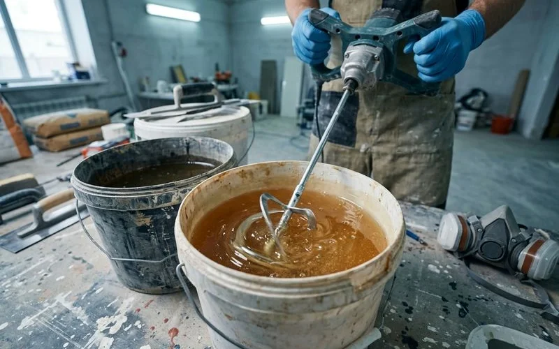 Composants A et B de la résine en cours de mélange