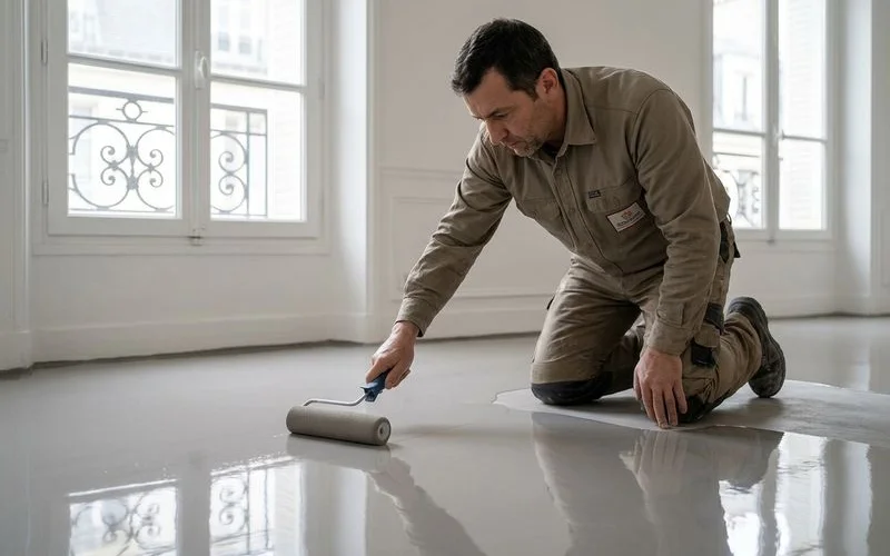 Technicien finalisant un sol résine lissé satiné