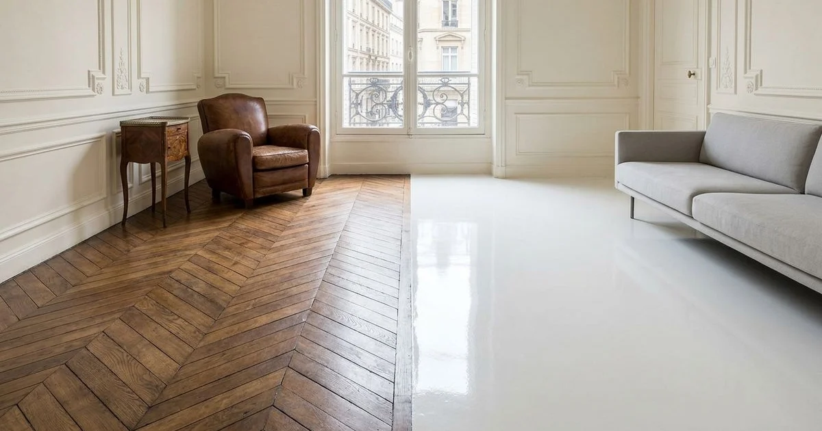 Comparatif visuel parquet chevron vs sol résine seamless