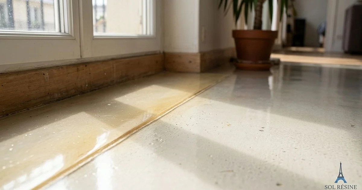 Détail d'un sol résine époxy près d'une fenêtre montrant un léger jaunissement UV