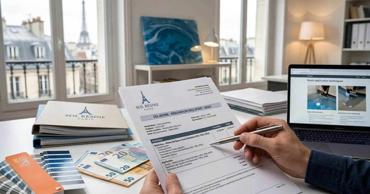 Personne consultant un devis sol résine époxy avec billets euros sur le plan de travail