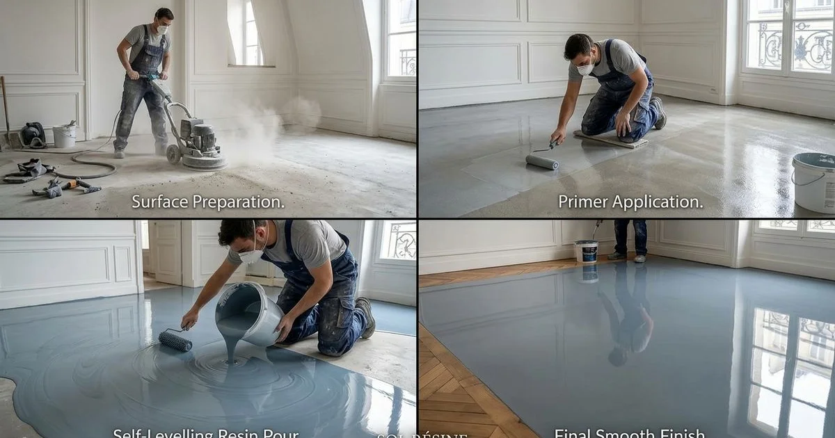 Séquence des 4 étapes de pose d'un sol résine en appartement