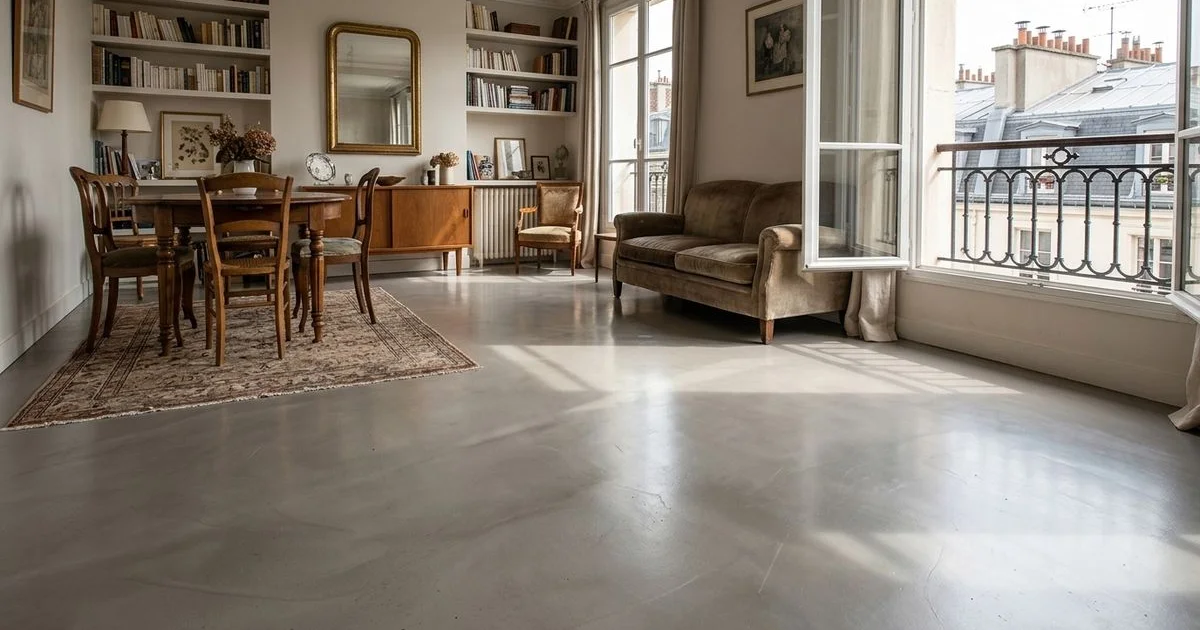 Sol résine lissée vieille de 10 ans dans un appartement familial parisien