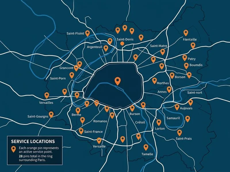 Carte des 28 villes d'Île-de-France desservies par Sol Résine Paris